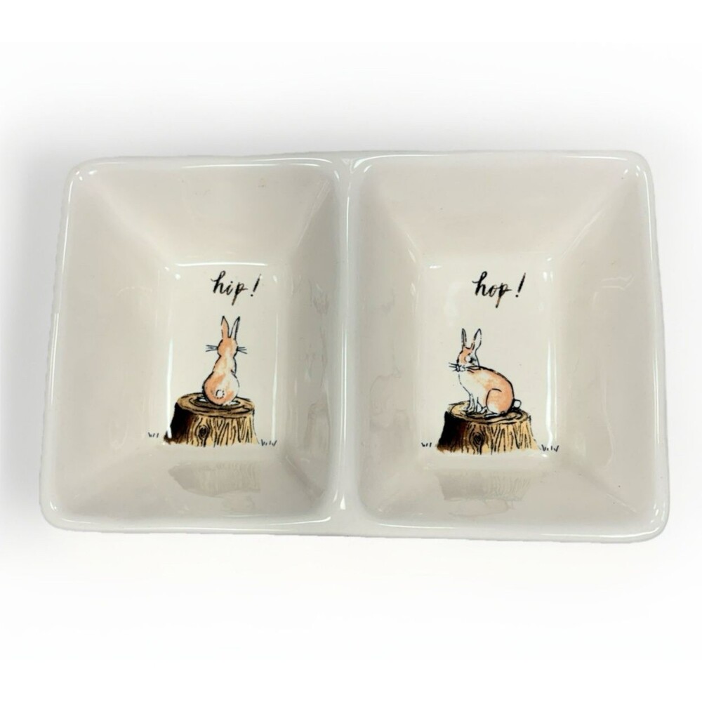 Rae Dunn Divided Dish Hip Hop Easter Bunny Rabbit Dip Sauce Bowl Artisan Magenta